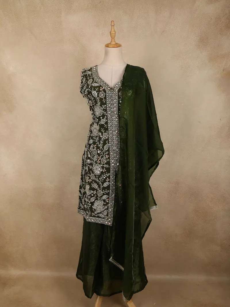 Green Floral Sequins And Beads Embroidered Design Organza Palazzo Suit With Dupatta 1