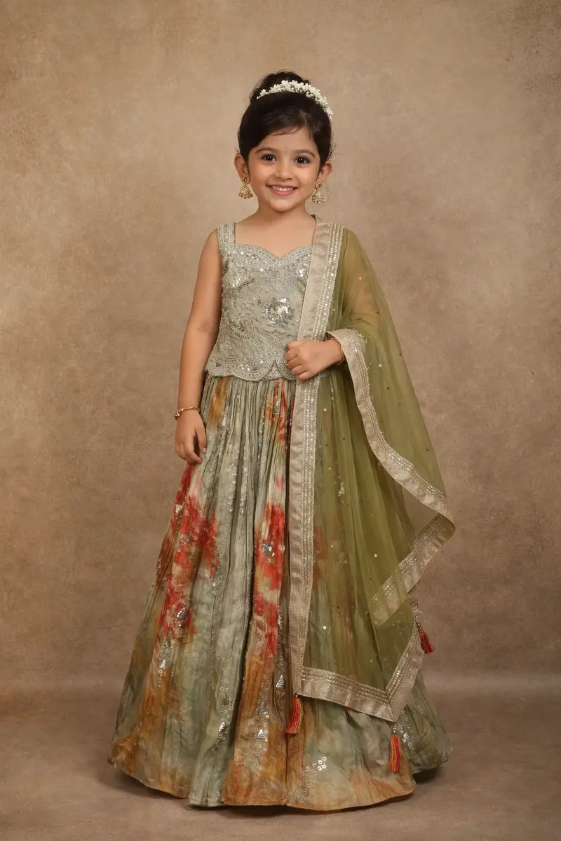 Green Floral Sequins Design Chiffon Kids Lehenga 1
