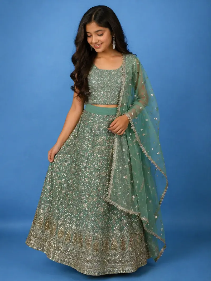 Green Floral Sequins Design Georgette Kids Lehenga 1