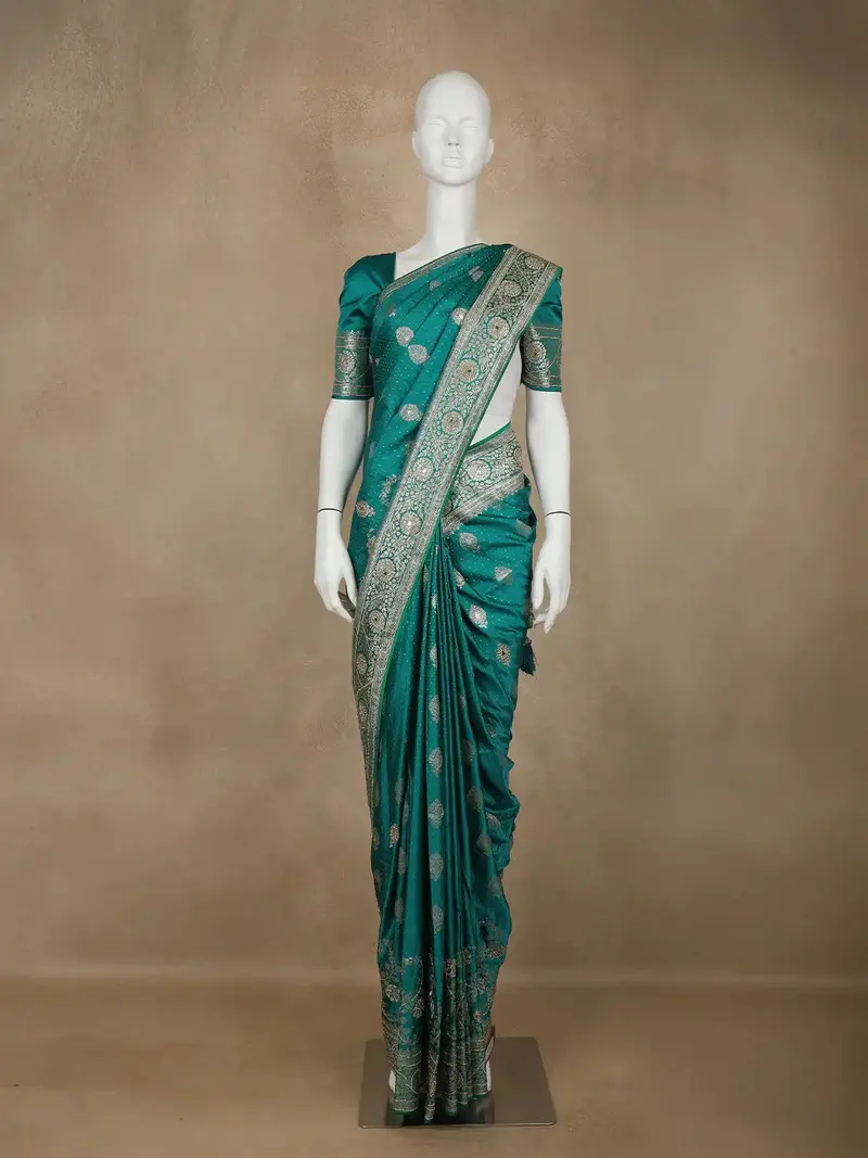 Green Floral Weave And Stone Work Banarasi Silk Saree 1