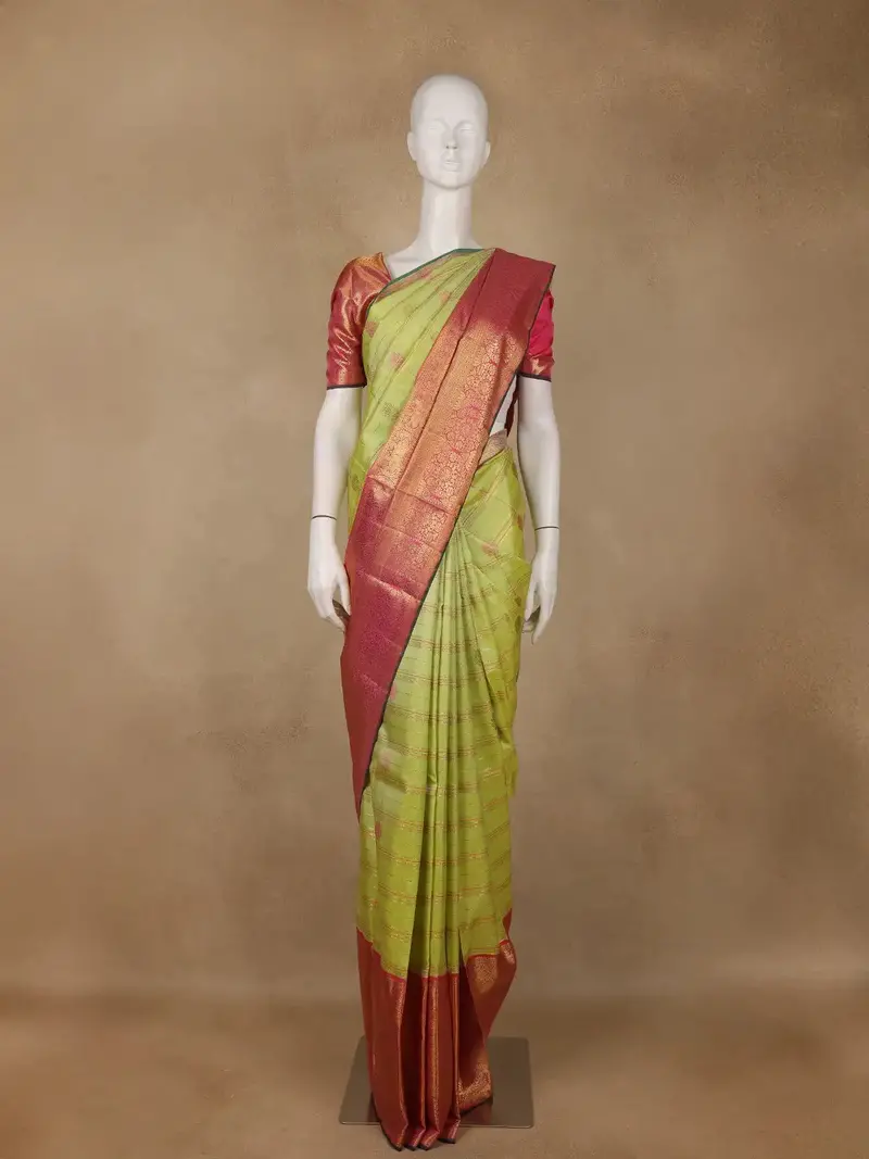Green Floral Woven Silk Saree With Contrast Border 1