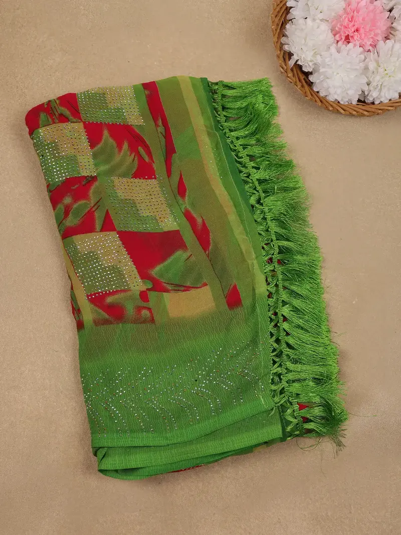 Green Geometric Checked Print With Beaded Synthetic Saree 1