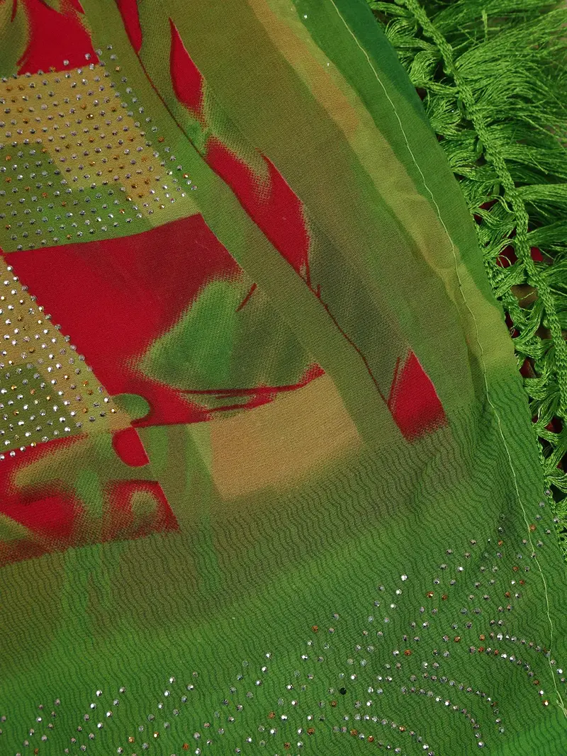 Green Geometric Checked Print With Beaded Synthetic Saree 2