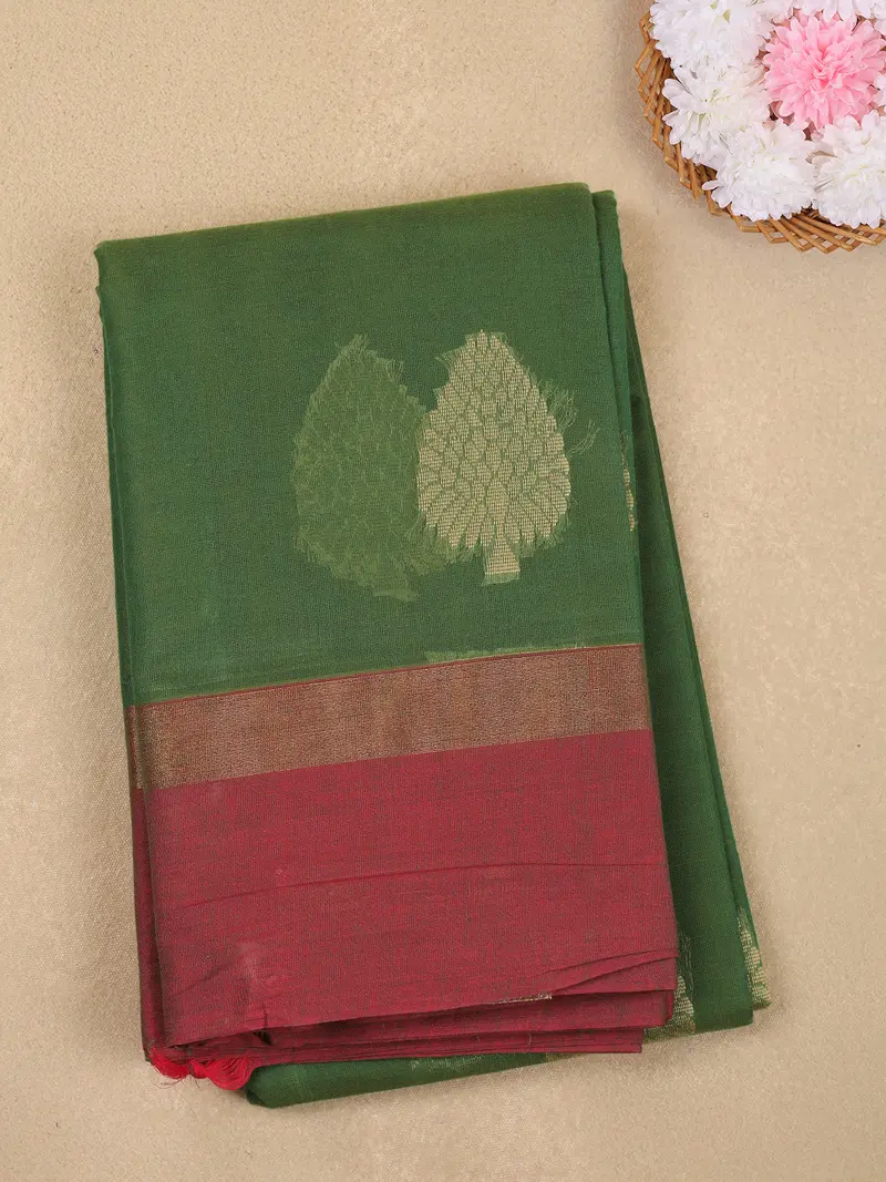 Green Leaf Motif Woven Design Cotton Saree With Contrast Maroon Zari Border 1