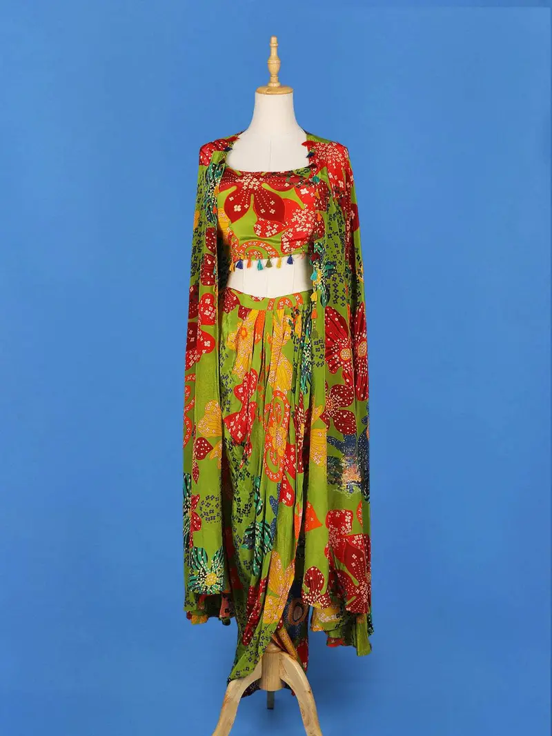 Green Lehenga Embellished With Floral Printed Designs, Paired With Overcoat 1
