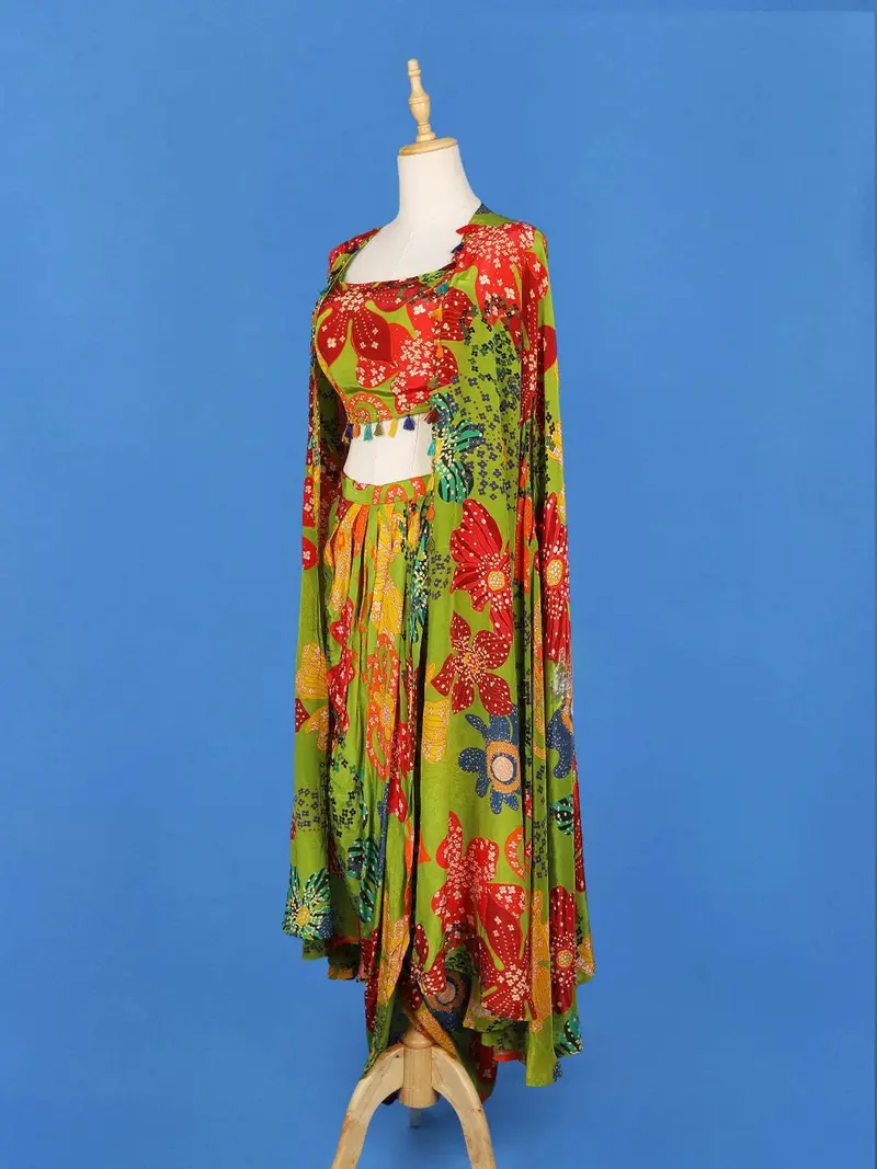 Green Lehenga Embellished With Floral Printed Designs, Paired With Overcoat 2