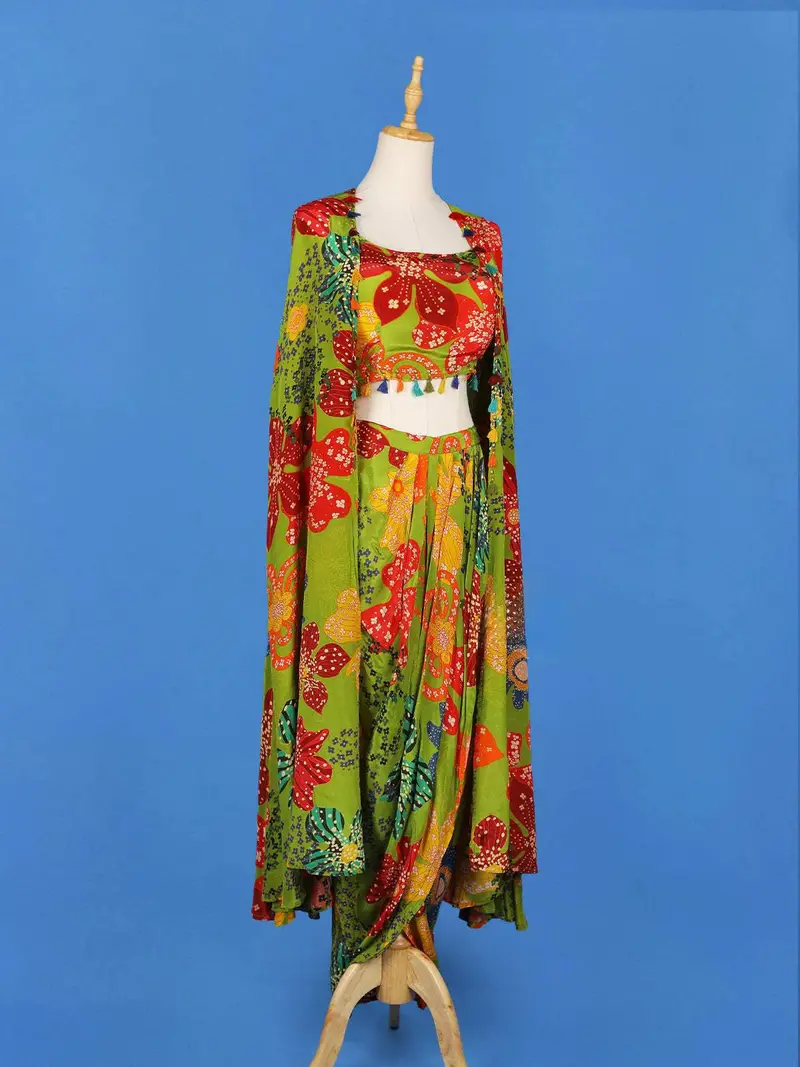 Green Lehenga Embellished With Floral Printed Designs, Paired With Overcoat 3