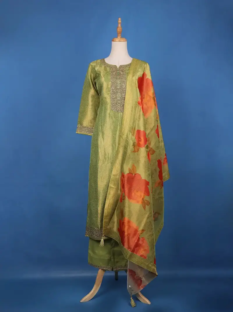 Green Loral Design Sequins Banarasi Silk Salwar Suit 1