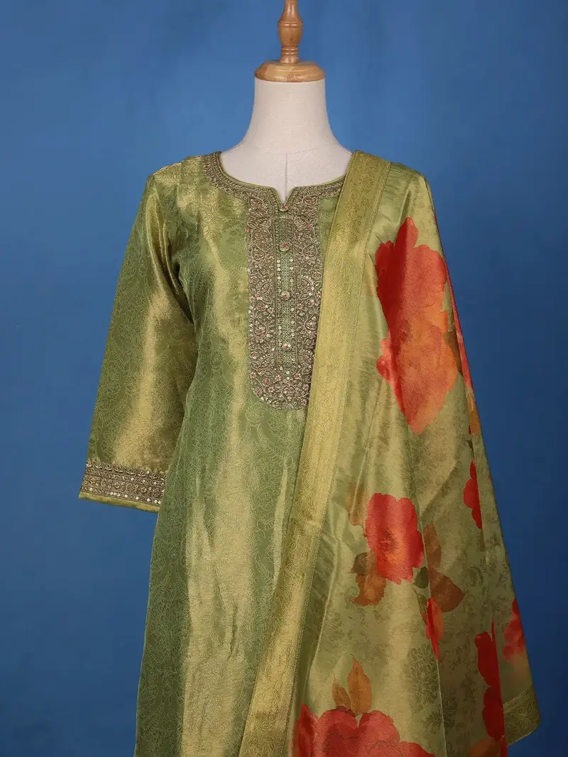 Green Loral Design Sequins Banarasi Silk Salwar Suit 2