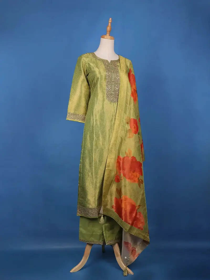 Green Loral Design Sequins Banarasi Silk Salwar Suit 3