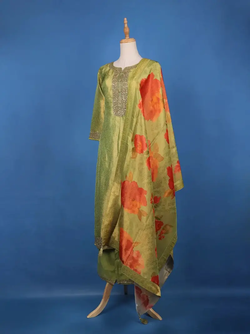 Green Loral Design Sequins Banarasi Silk Salwar Suit 4