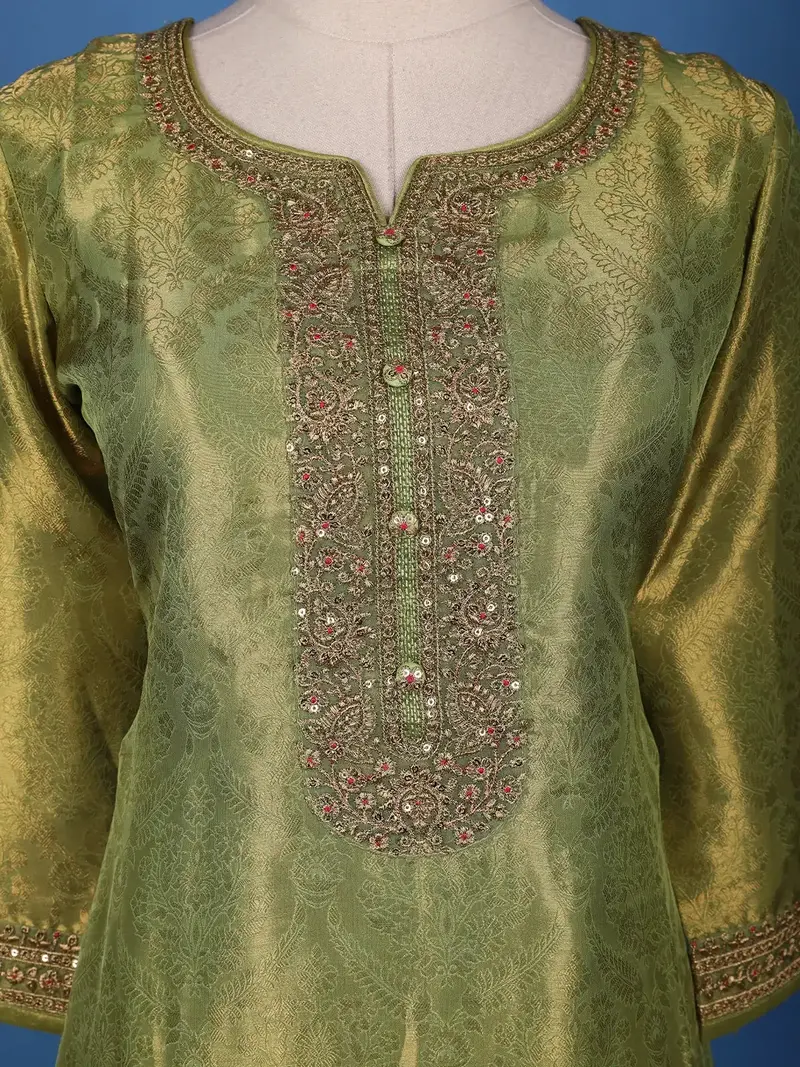 Green Loral Design Sequins Banarasi Silk Salwar Suit 5