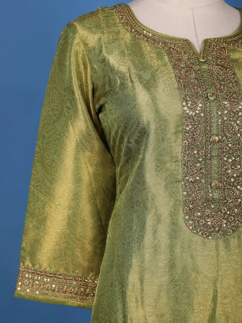 Green Loral Design Sequins Banarasi Silk Salwar Suit 6