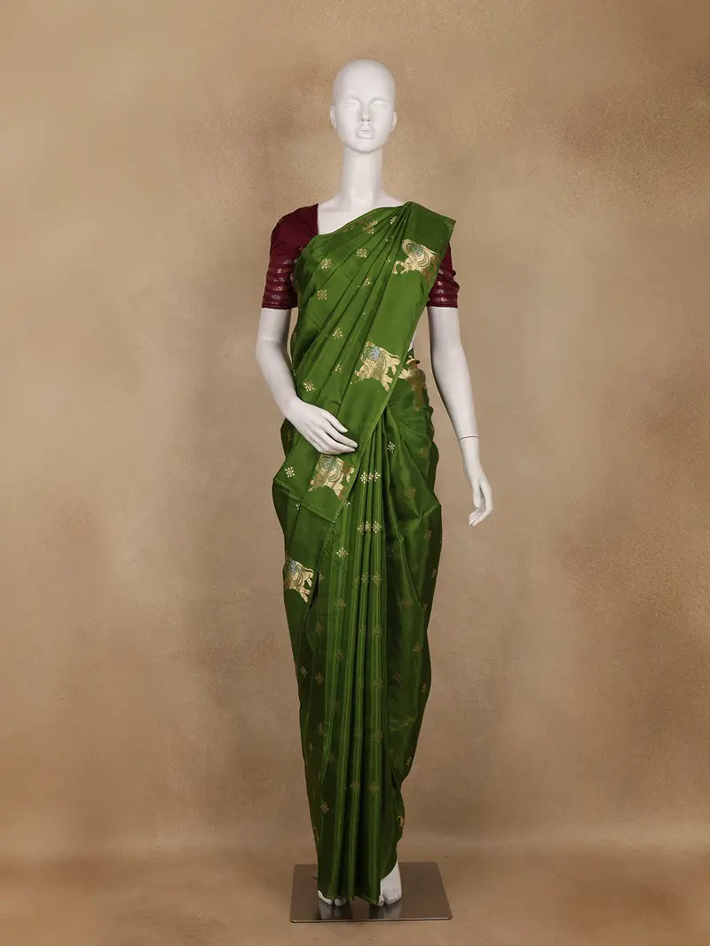 Green Motif Design Semi Banarasi Silk Saree 1