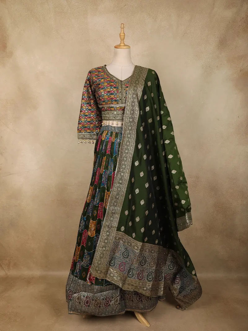 Green Multicolor Floral Printed Design Silk Party Wear Lehenga With Dupatta 1