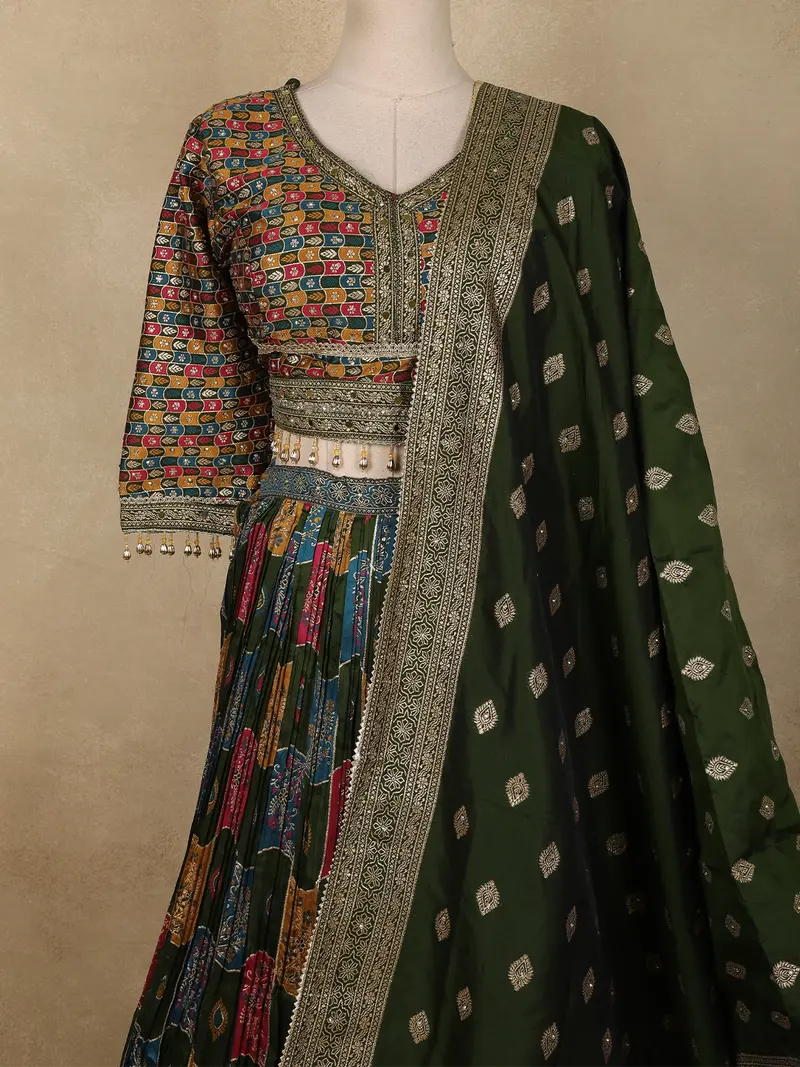 Green Multicolor Floral Printed Design Silk Party Wear Lehenga With Dupatta 2