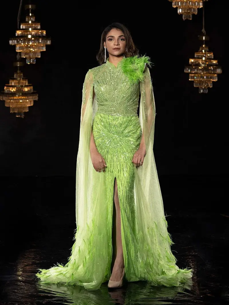 Green Net Gown With Beads, High Slit 1