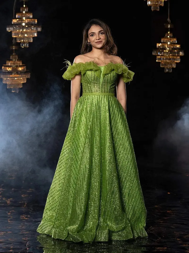 Green Net Gown With Sequins And Glitters 1