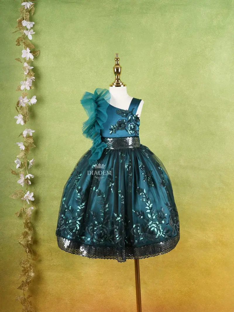 Green Net Layered Gown Adorned With Ruffles And Sequins 1