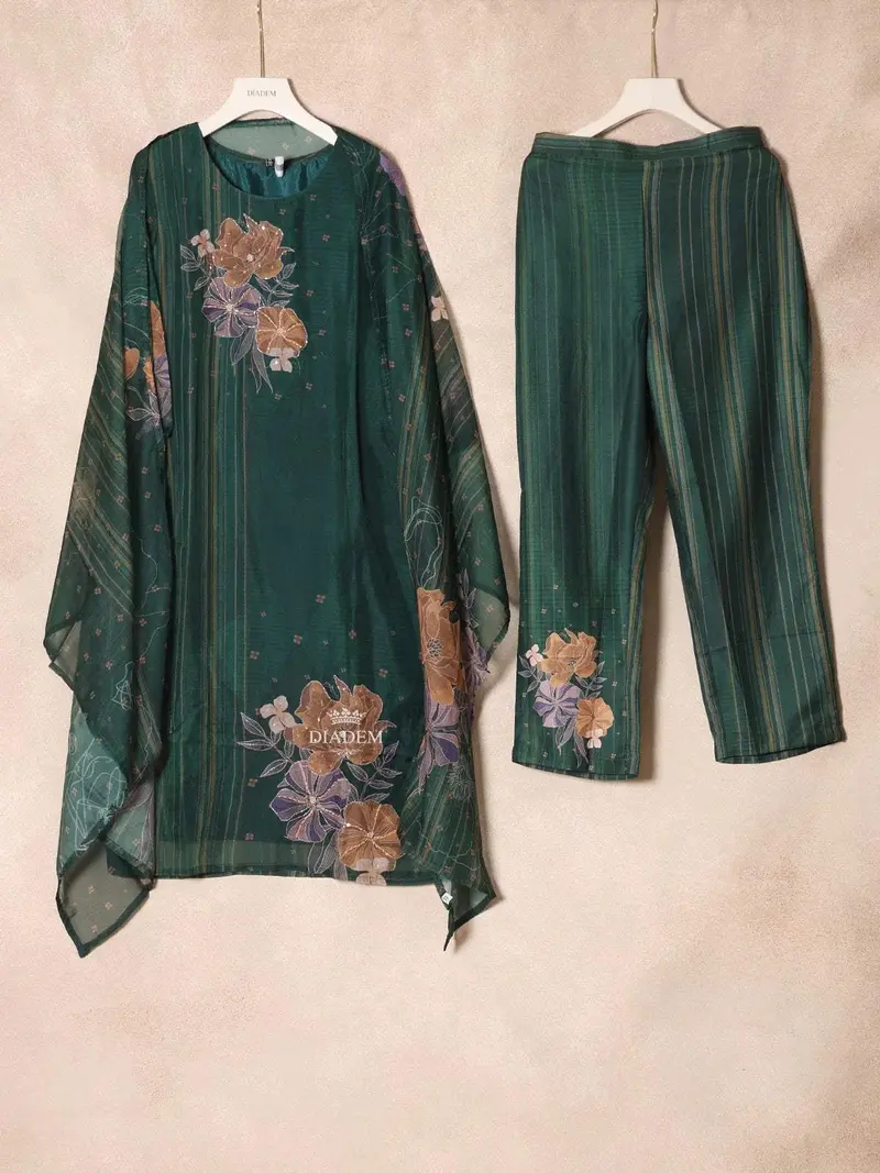 Green Organza Straight Cut Salwar Suit With Floral Prints And Embroidery Paired With Dupatta 1