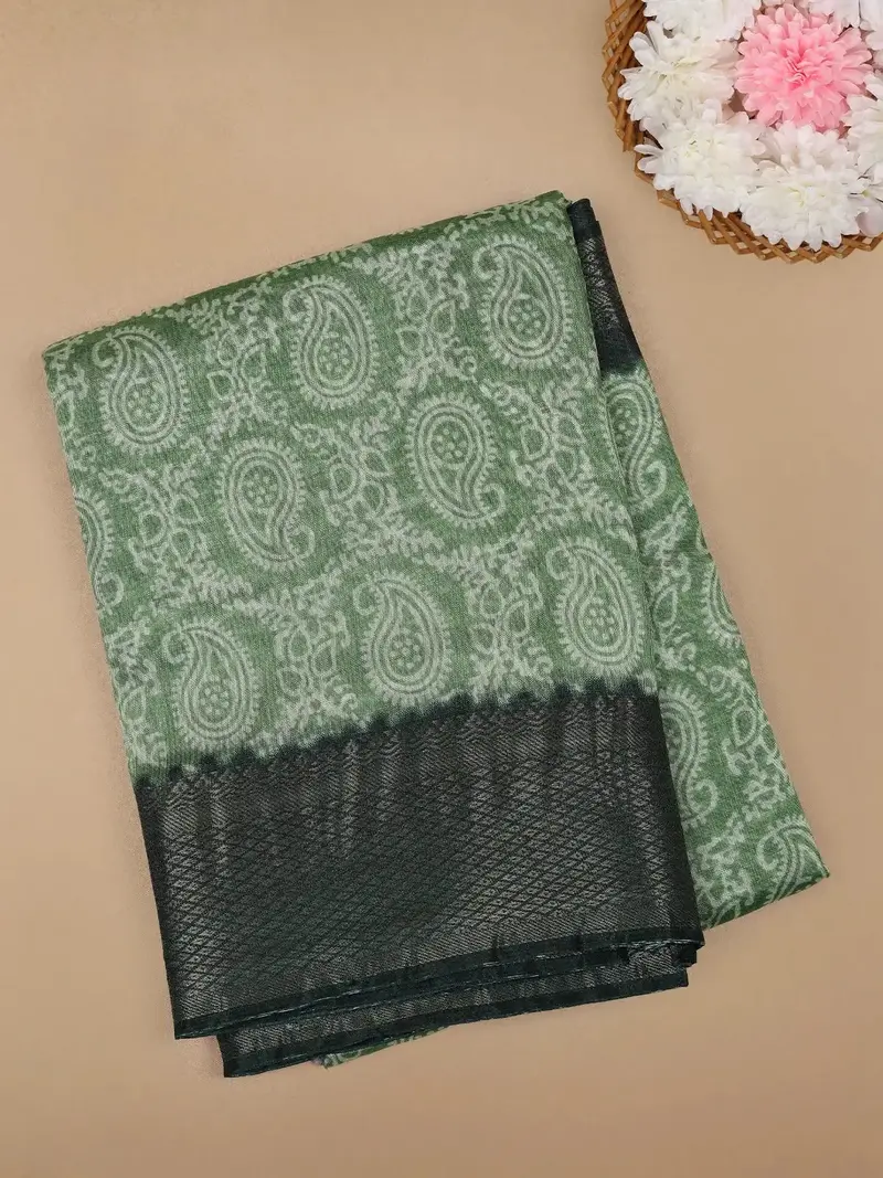 Green Paisley Designed Fancy Cotton Saree 1