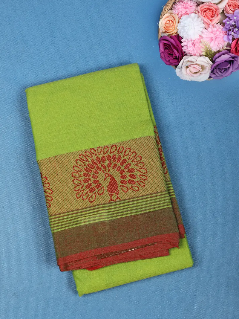 Green Peacock Motif Design Pure Cotton Saree 1