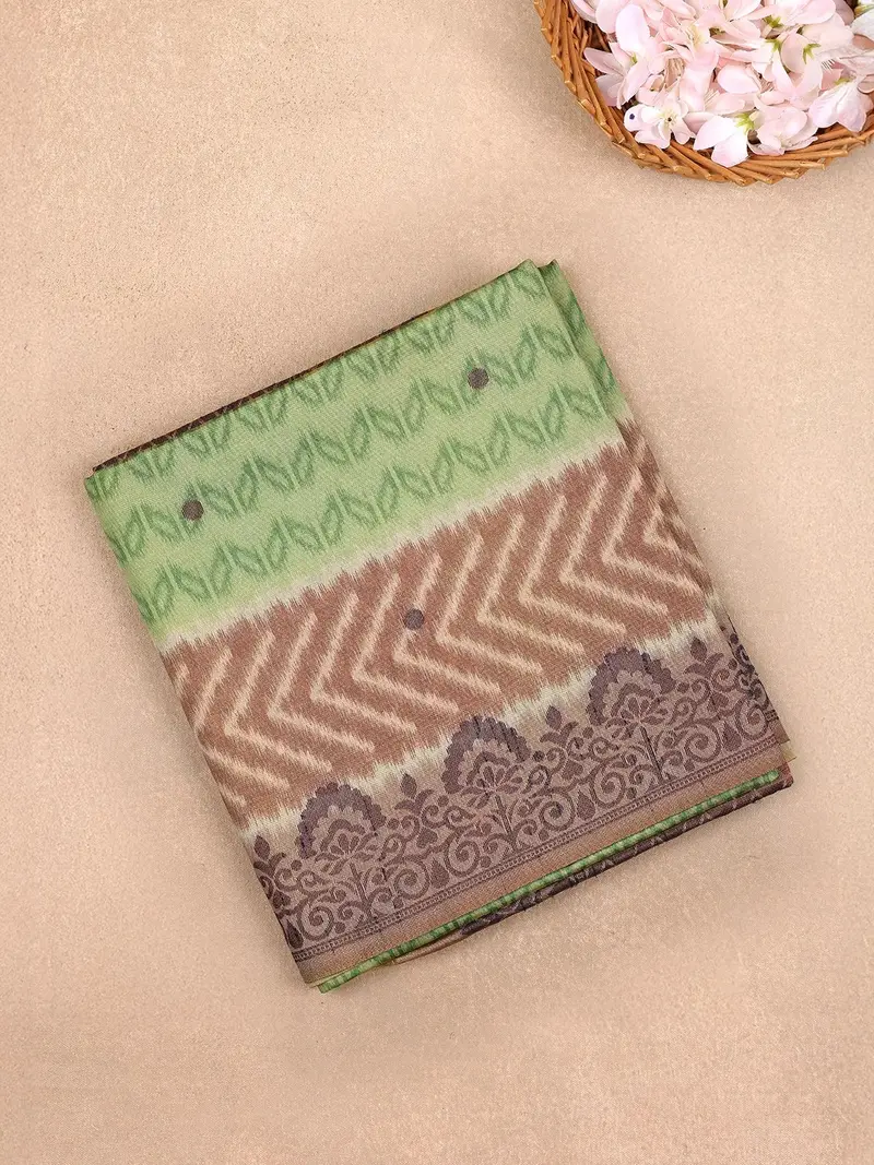 Green Pink Semi Tussar Silk Saree With Chevron Pattern 1