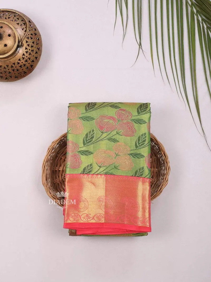Green Pure Kanchipuram Bridal Silk Saree With Floral Motif On The Body And Contrast Zari Border 1