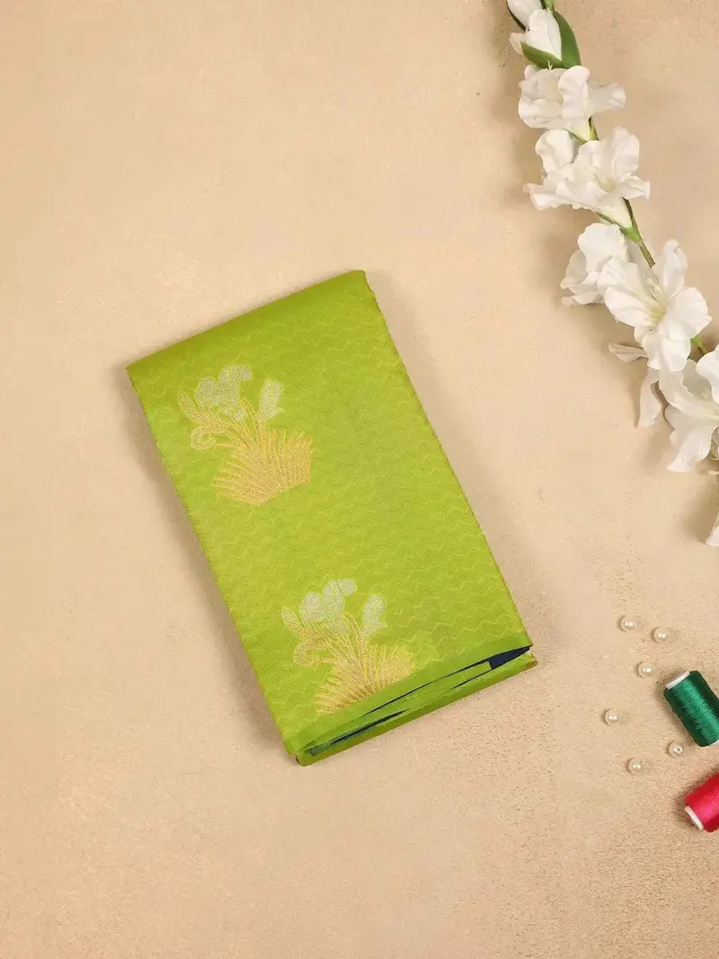 Green Pure Kanchipuram Silk Saree With Flower Plant Deign On The Body And Without Border 1