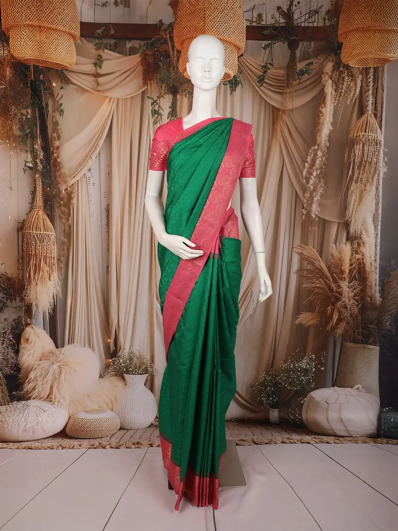 Green Self Textured Woven Design Soft Silk Fancy Saree With Contrast Border 1