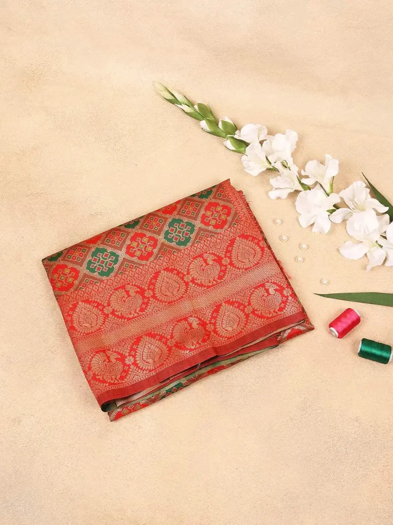 Green Semi Banarasi Saree With Fancy Design On The Body With Zari Border 1