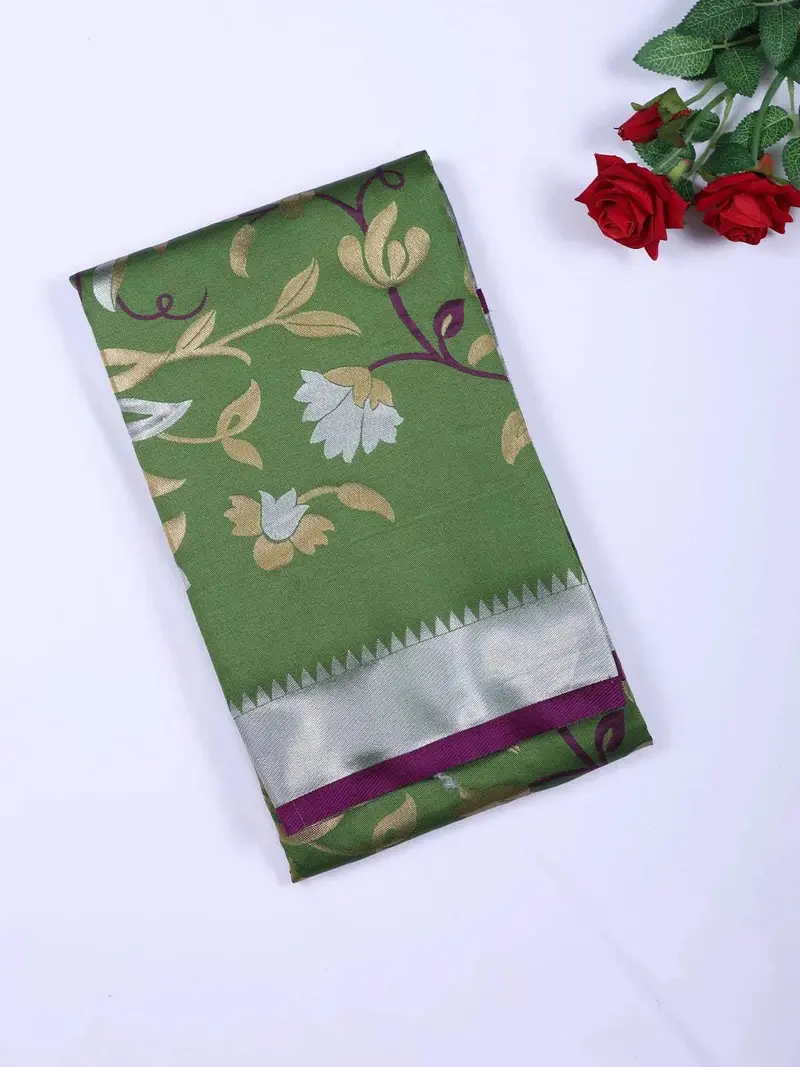 Green Semi Banarasi Saree With Floral Motif On The Body And Zari Border 1