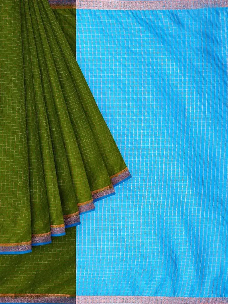 Green Semi Silk Saree With Checked Design On The Body And Contrast Zari Border 1
