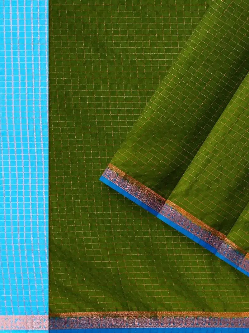 Green Semi Silk Saree With Checked Design On The Body And Contrast Zari Border 2