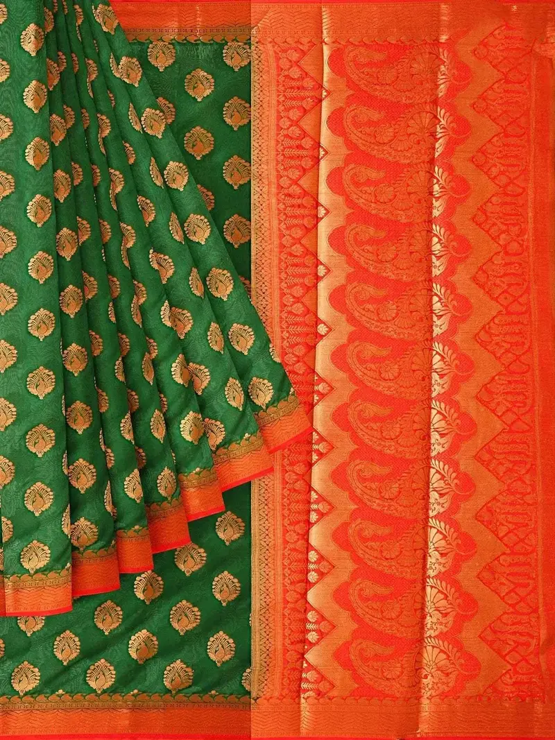Green Semi Silk Saree With Paisley Motif On The Body And Contrast Zari Border 1