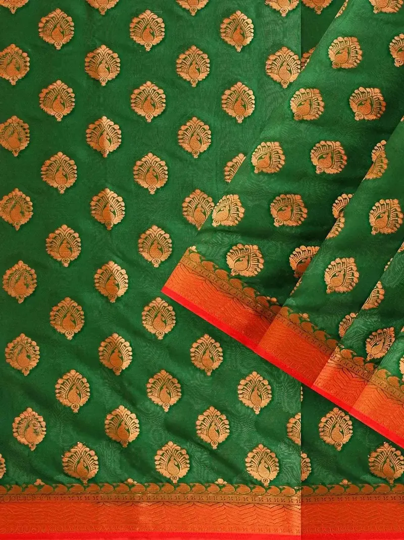 Green Semi Silk Saree With Paisley Motif On The Body And Contrast Zari Border 2