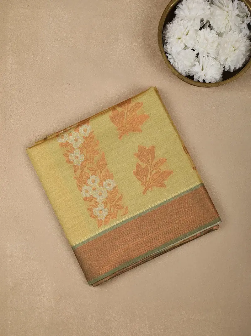 Green Semi Tussar Silk Floral Designed Saree 1