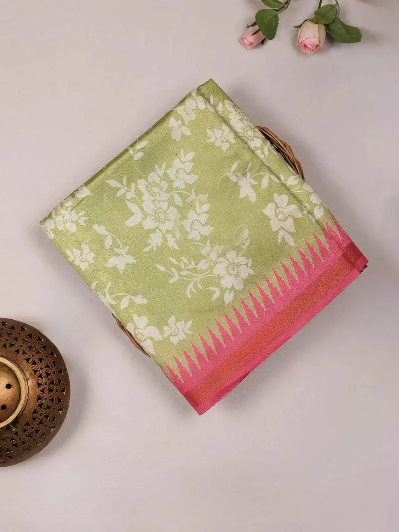 Green Semi Tussar Silk Saree With Floral And Leaf Design On The Body With Small Border 1