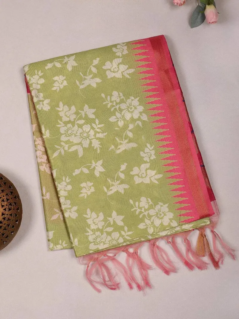 Green Semi Tussar Silk Saree With Floral And Leaf Design On The Body With Small Border 2