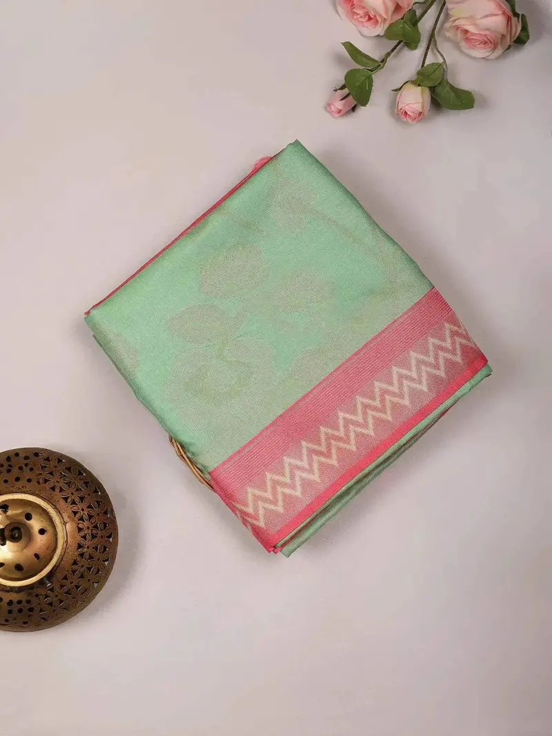 Green Semi Tussar Silk Saree With Floral Design On The Body With Border 1