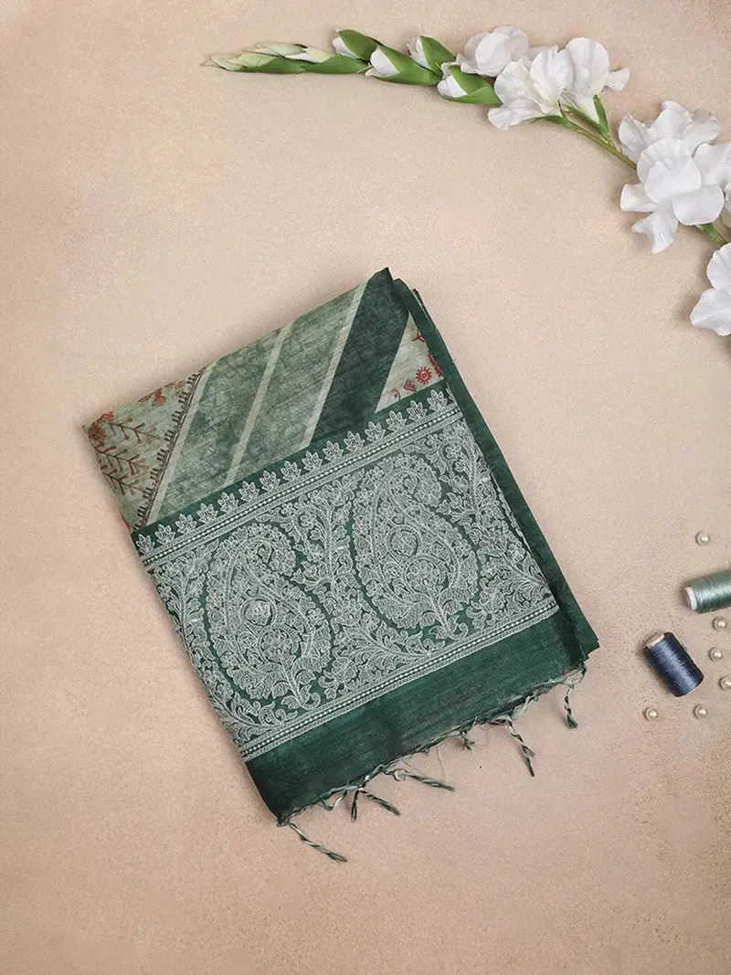 Green Semi Tussar Silk Saree With Rural Motif Design On The Body With Paisley Design Border 1