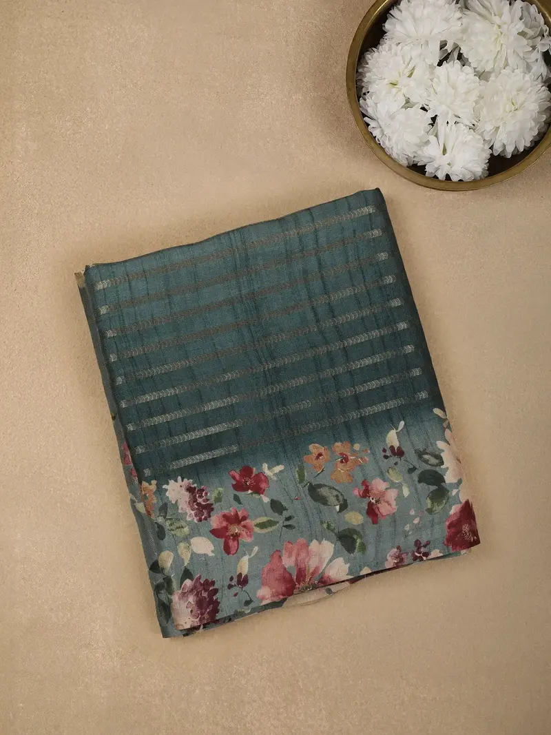 Green Semi Tussar Silk Striped And Floral Prints Saree 1