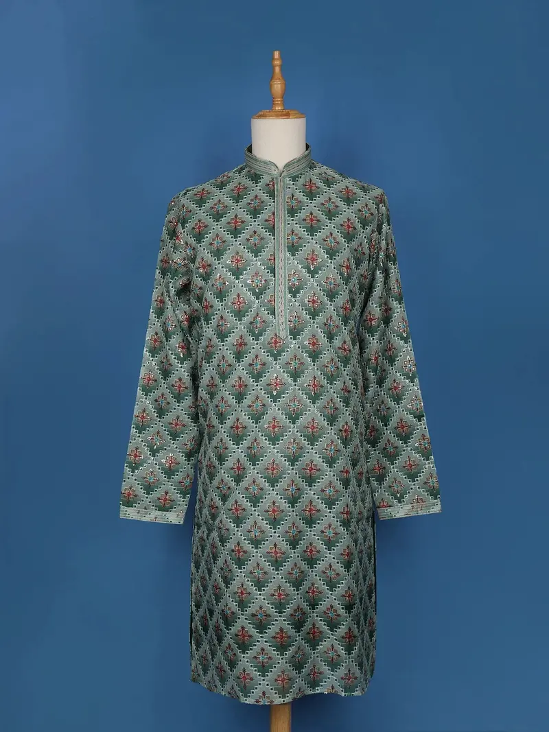 Green Sequins And Floral Embroidery Cotton Kurta Set With Pant 1