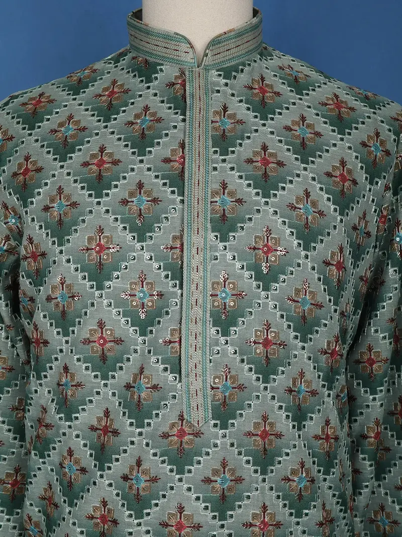 Green Sequins And Floral Embroidery Cotton Kurta Set With Pant 2