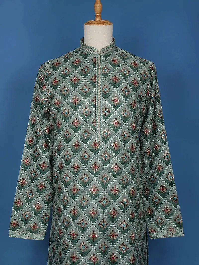 Green Sequins And Floral Embroidery Cotton Kurta Set With Pant 3