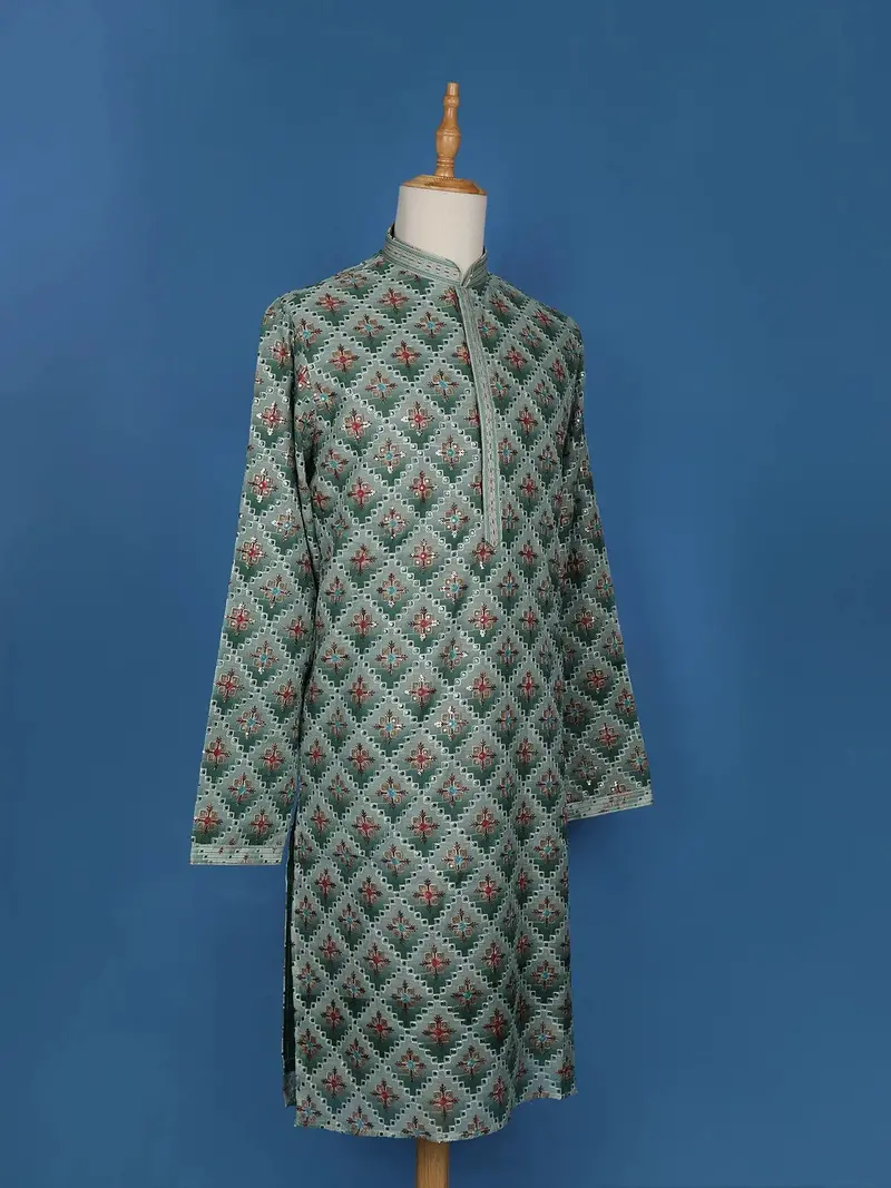 Green Sequins And Floral Embroidery Cotton Kurta Set With Pant 4