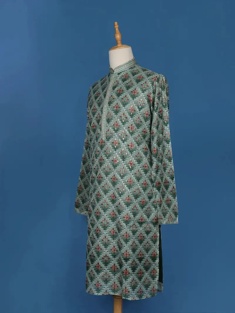 Green Sequins And Floral Embroidery Cotton Kurta Set With Pant 5