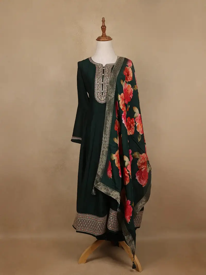 Green Sequins Design Printed Semi Silk Anarkali Salwar Suit 1