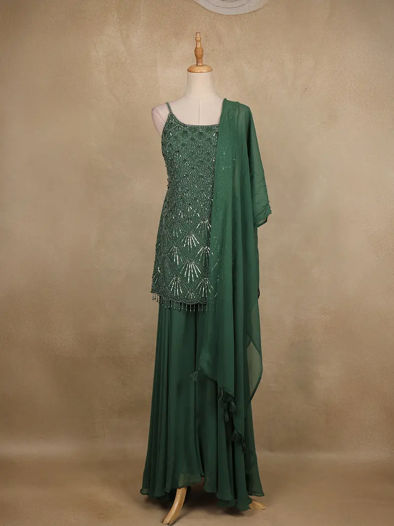 Green Sequins Embroidered Georgette Palazzo Suit 1
