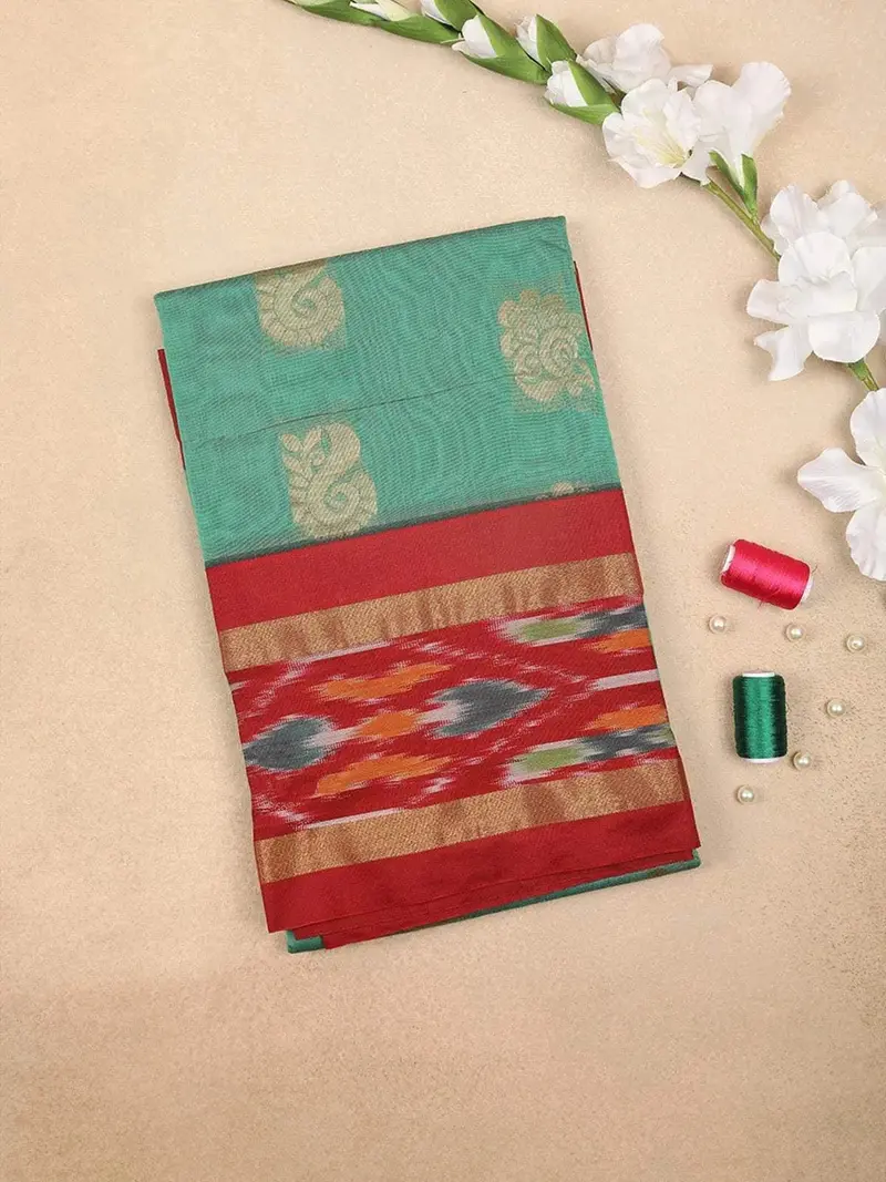 Green Silk Cotton Saree With Paisley And Floral Motif Design On The Body With Contrast Border 1